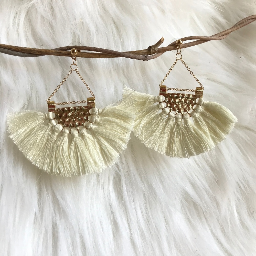 Boho fan-shaped tassel fringe statement earrings